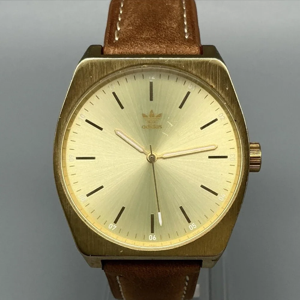 Adidas Process_L1 Mens Watch 38mm Gold Tone Dial Brown Leather New Battery